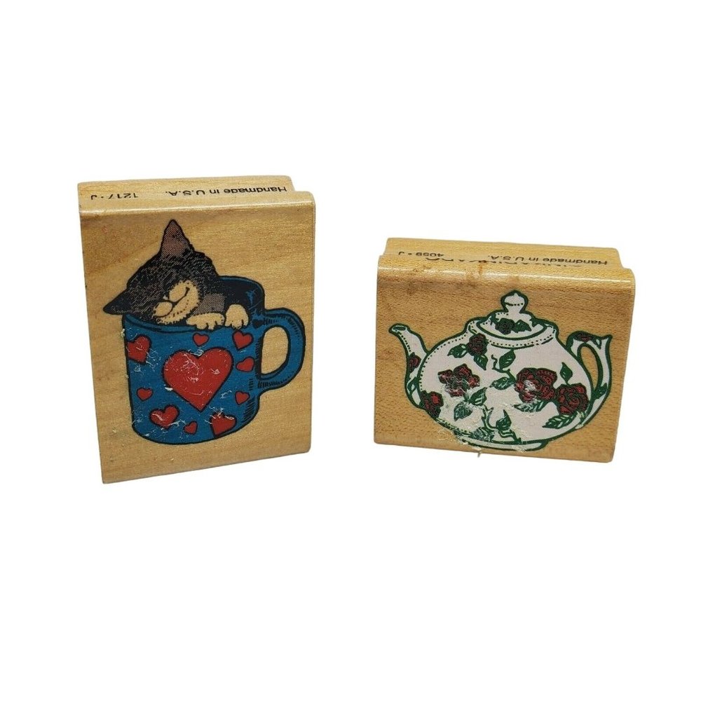 Inkadinkado "Kitty in Mug and Teapot" Handmade Wood Rubber Stamp - U.S.A Made